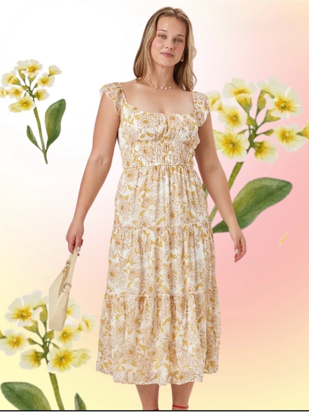 Yellow Floral Midi Dress with Flutter Sleeves